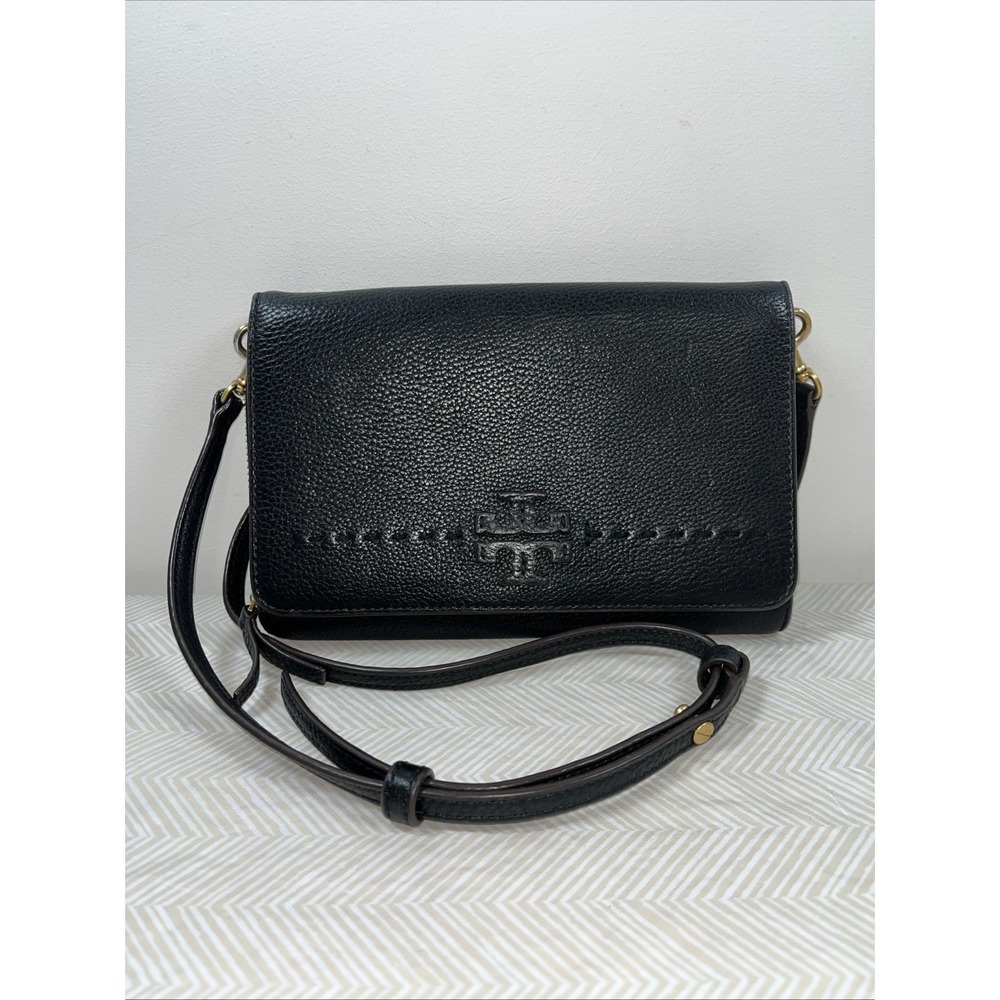Tory Burch McGraw Flat Pebbled Leather Wallet Crossbody Black Clutch Bag Gold
